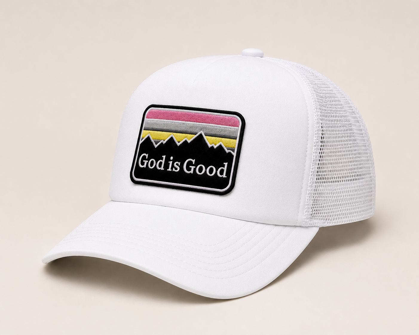 God Is Good Trucker Hat | White & Black Faith-Inspired Foam Mesh Cap