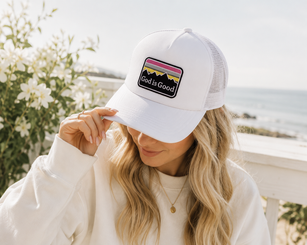 God Is Good Trucker Hat | White & Black Faith-Inspired Foam Mesh Cap