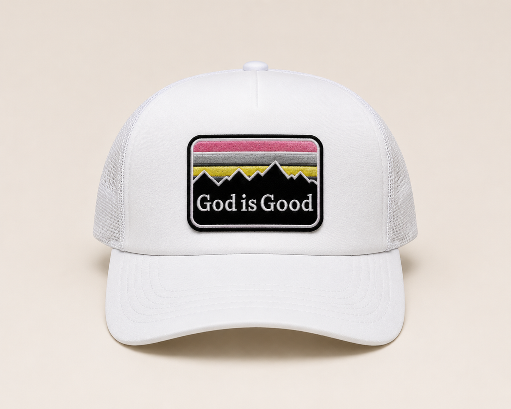 God Is Good Trucker Hat | White & Black Faith-Inspired Foam Mesh Cap