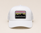God Is Good Trucker Hat | White & Black Faith-Inspired Foam Mesh Cap