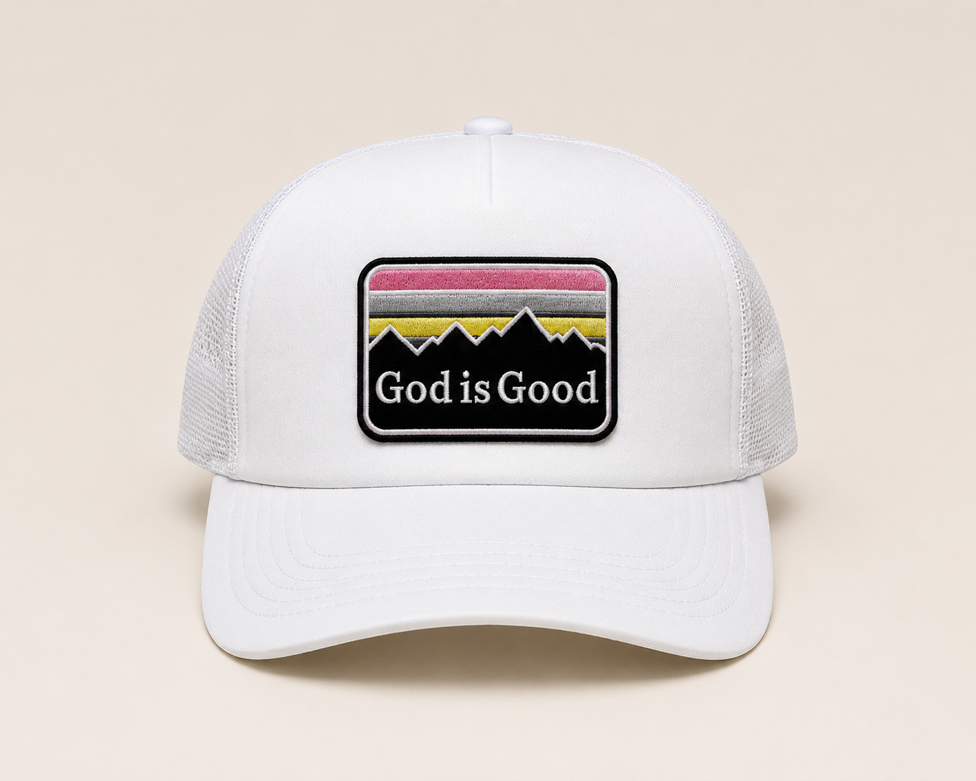 God Is Good Trucker Hat | White & Black Faith-Inspired Foam Mesh Cap