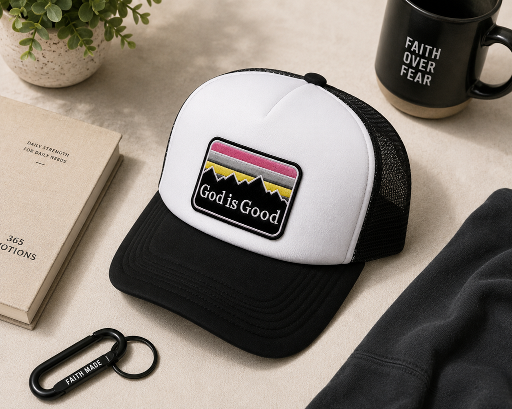 God Is Good Trucker Hat | White & Black Faith-Inspired Foam Mesh Cap