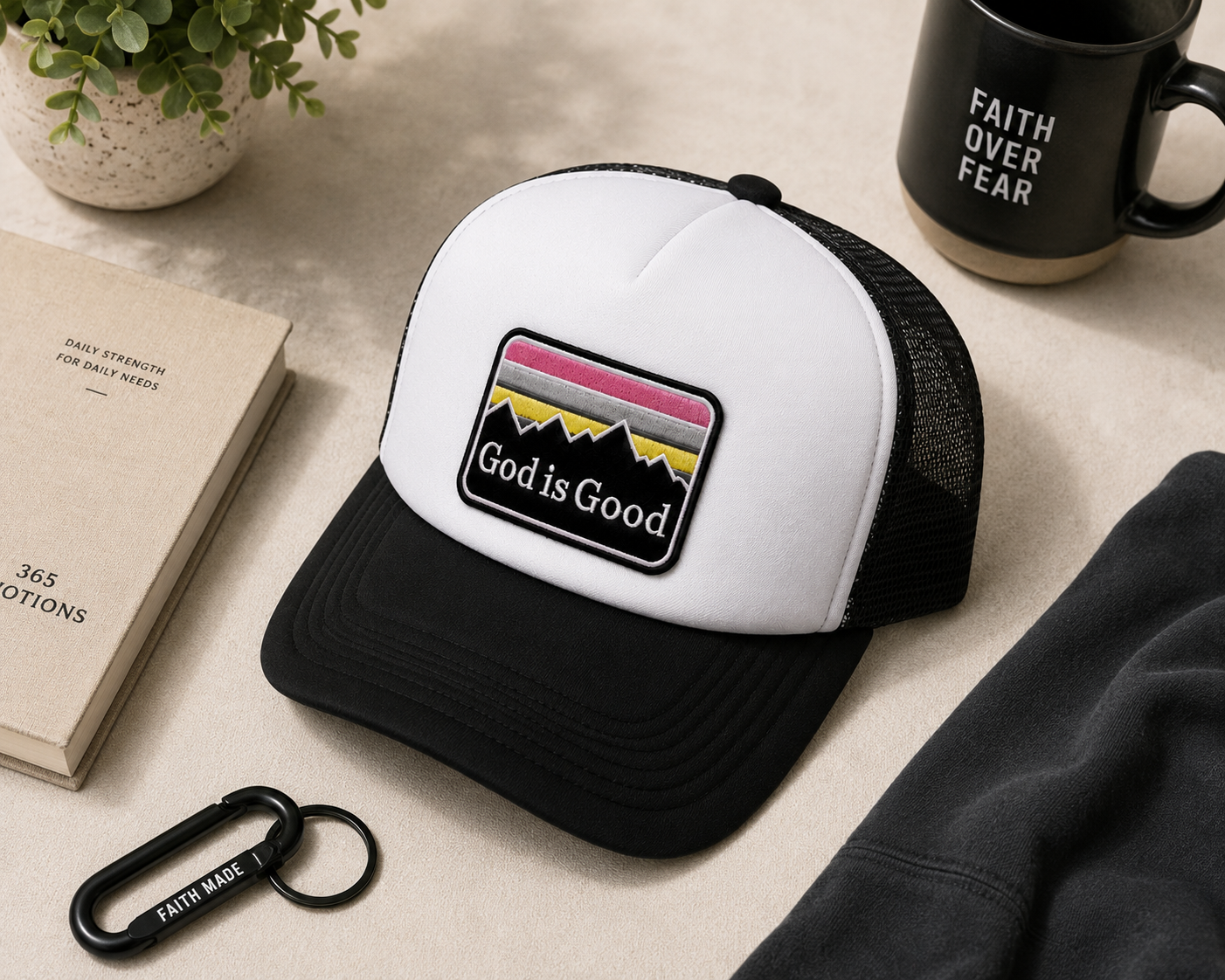God Is Good Trucker Hat | White & Black Faith-Inspired Foam Mesh Cap