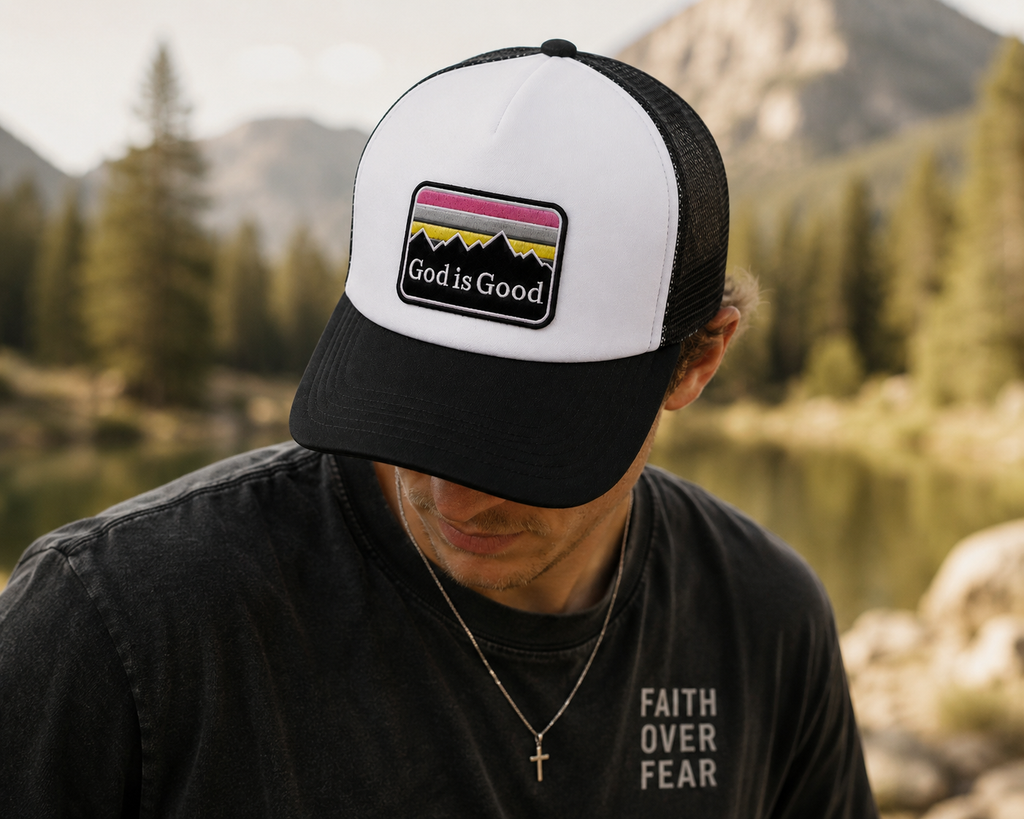 God Is Good Trucker Hat | White & Black Faith-Inspired Foam Mesh Cap