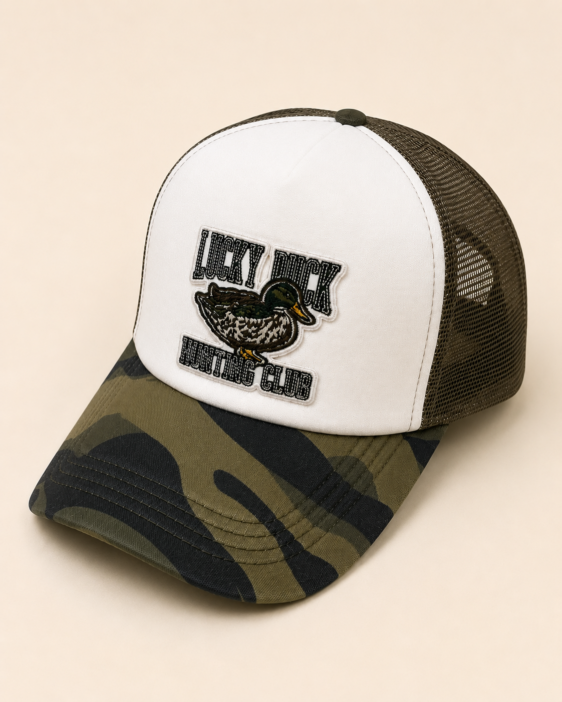 Lucky Duck Hunting Club Trucker Hat | Camo Outdoor Snapback Hat
