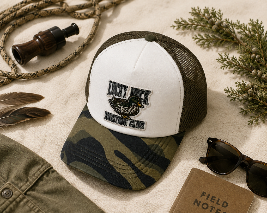 Lucky Duck Hunting Club Trucker Hat | Camo Outdoor Snapback Hat